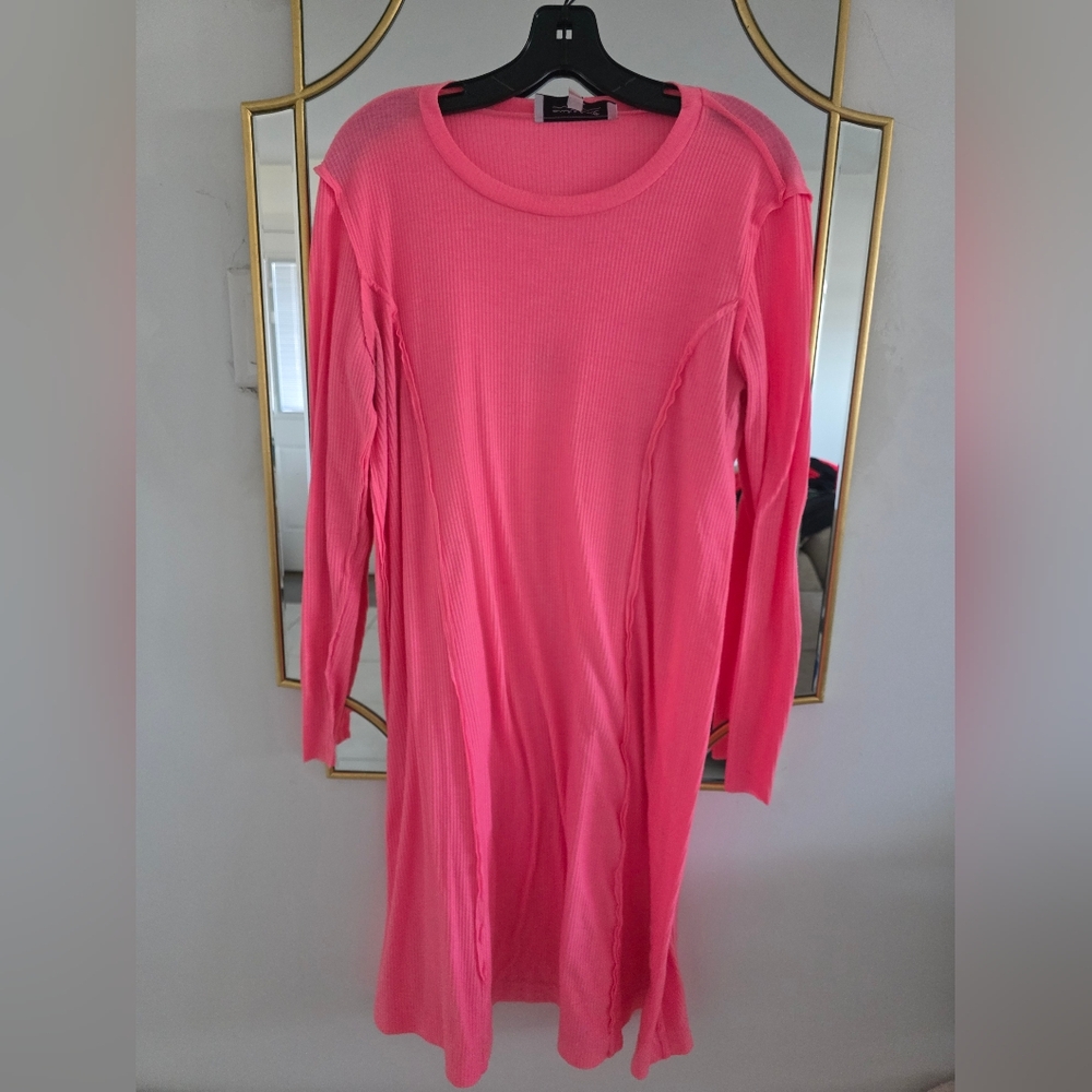 Pink Long Sleeve Crew Neck Sweater Dress